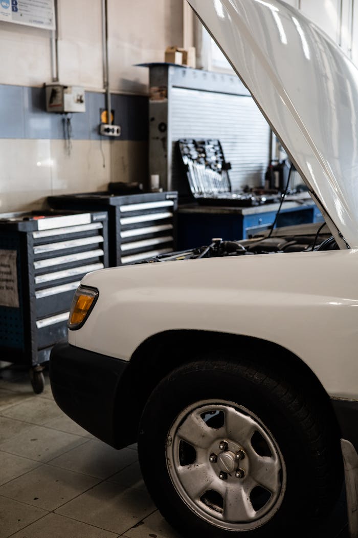 White car with hood open in a professional auto repair shop. Toolbox and equipment visible.
